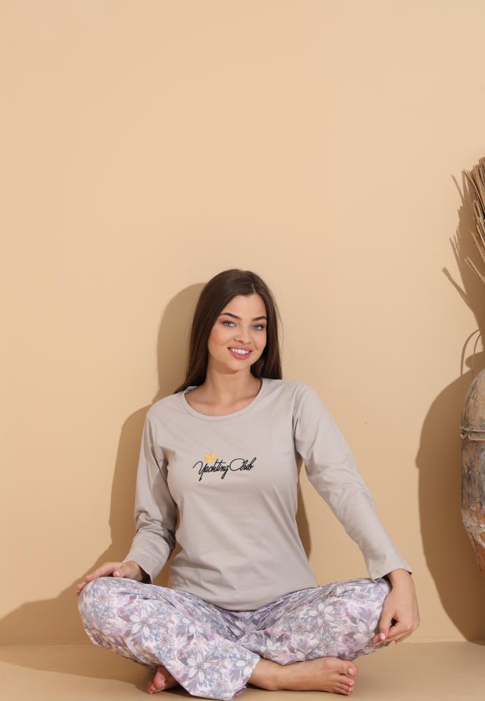 Pijama Dama „Yachting Chib" ,Pantaloni si Maneca Lunga,Culoare Crem, Engros